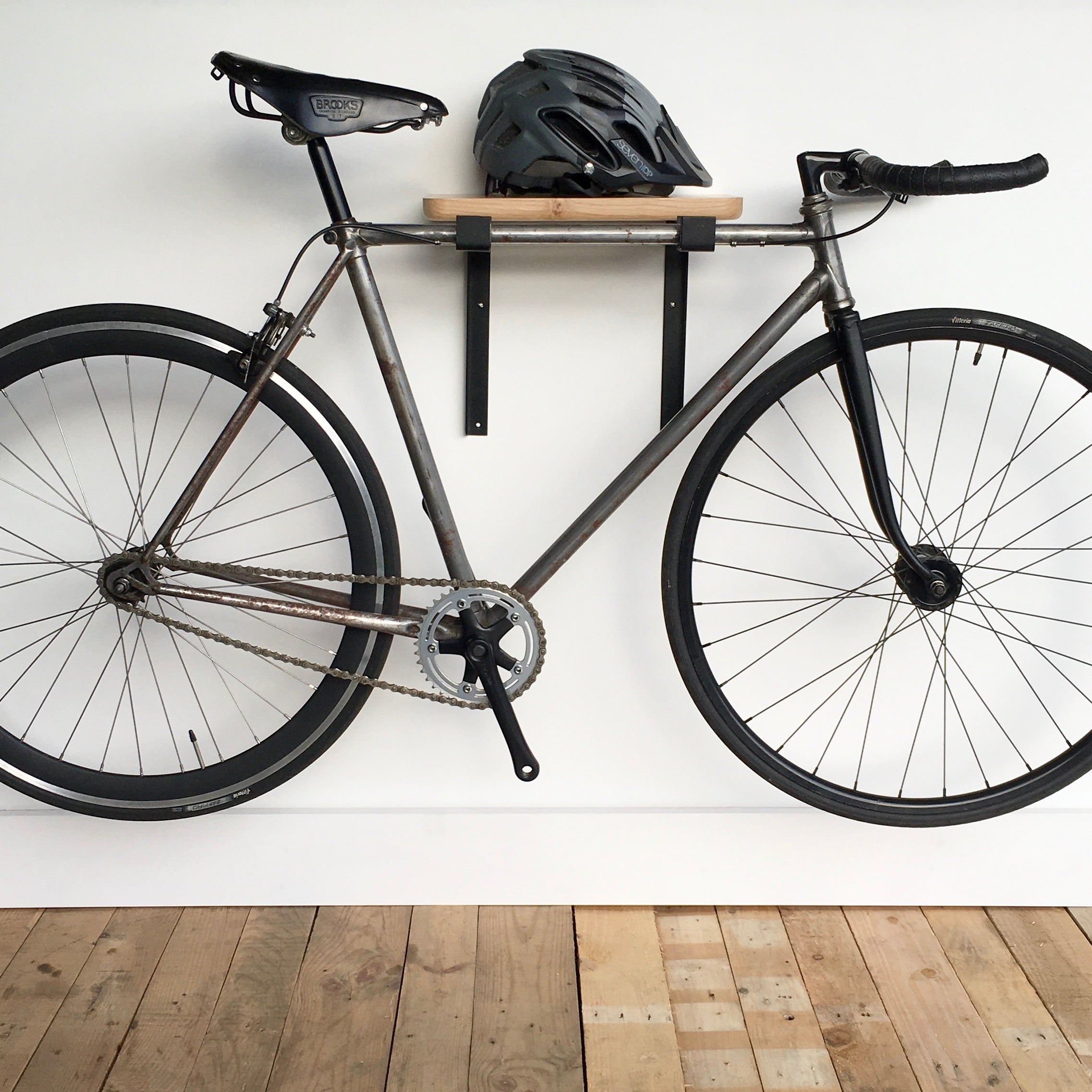 bike wall mount rack white gallows brackets oak shelf smokeandsawdust